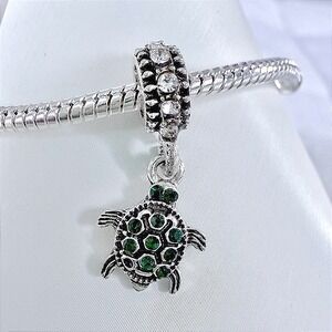 Silver & Emerald Green Dangle Turtle  Charm Fits Snake‎ Chain Bracelets